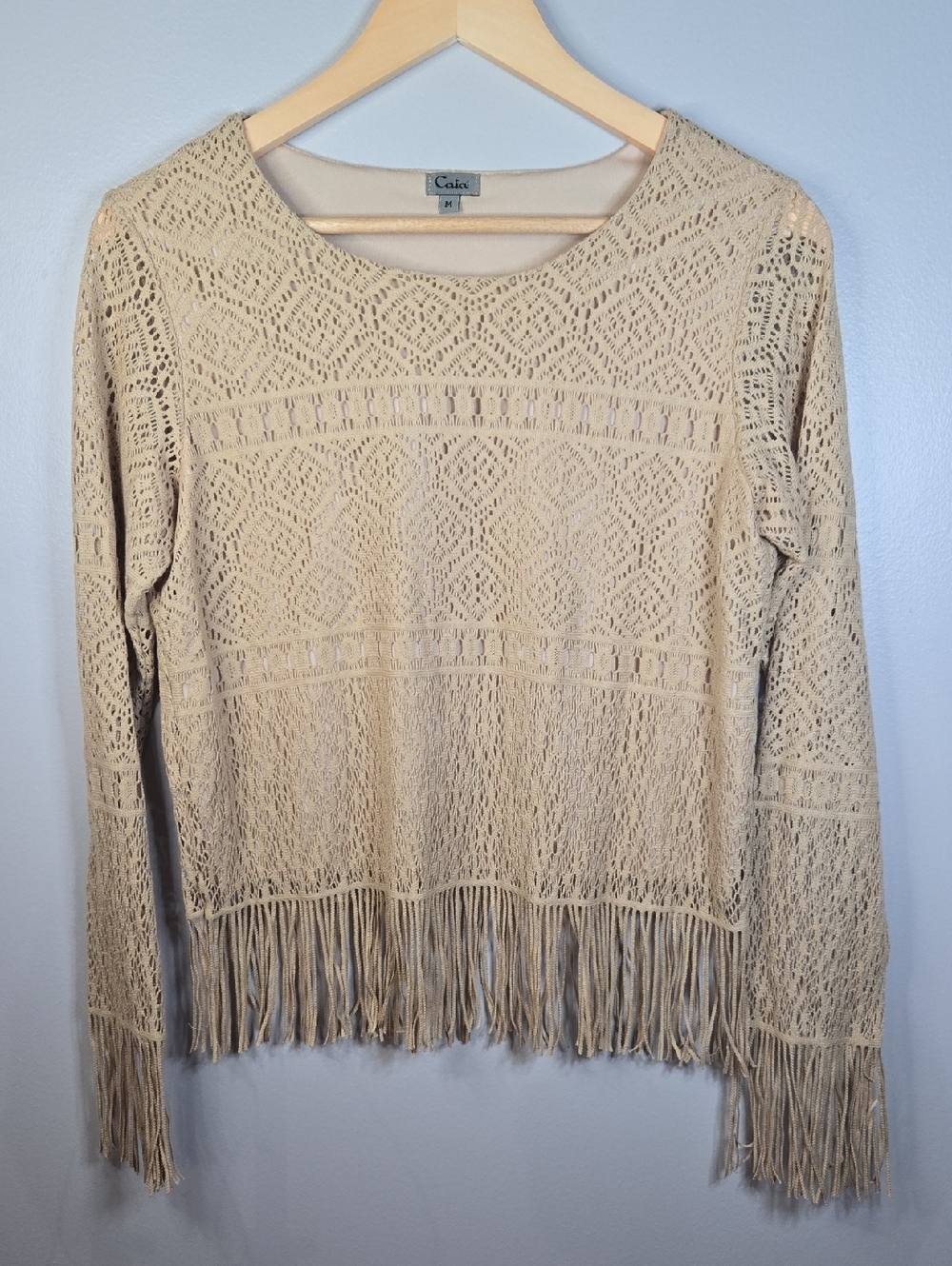 Y2K Caia Size Medium Boho Retro Cream Crochet Fringe Cropped Top
